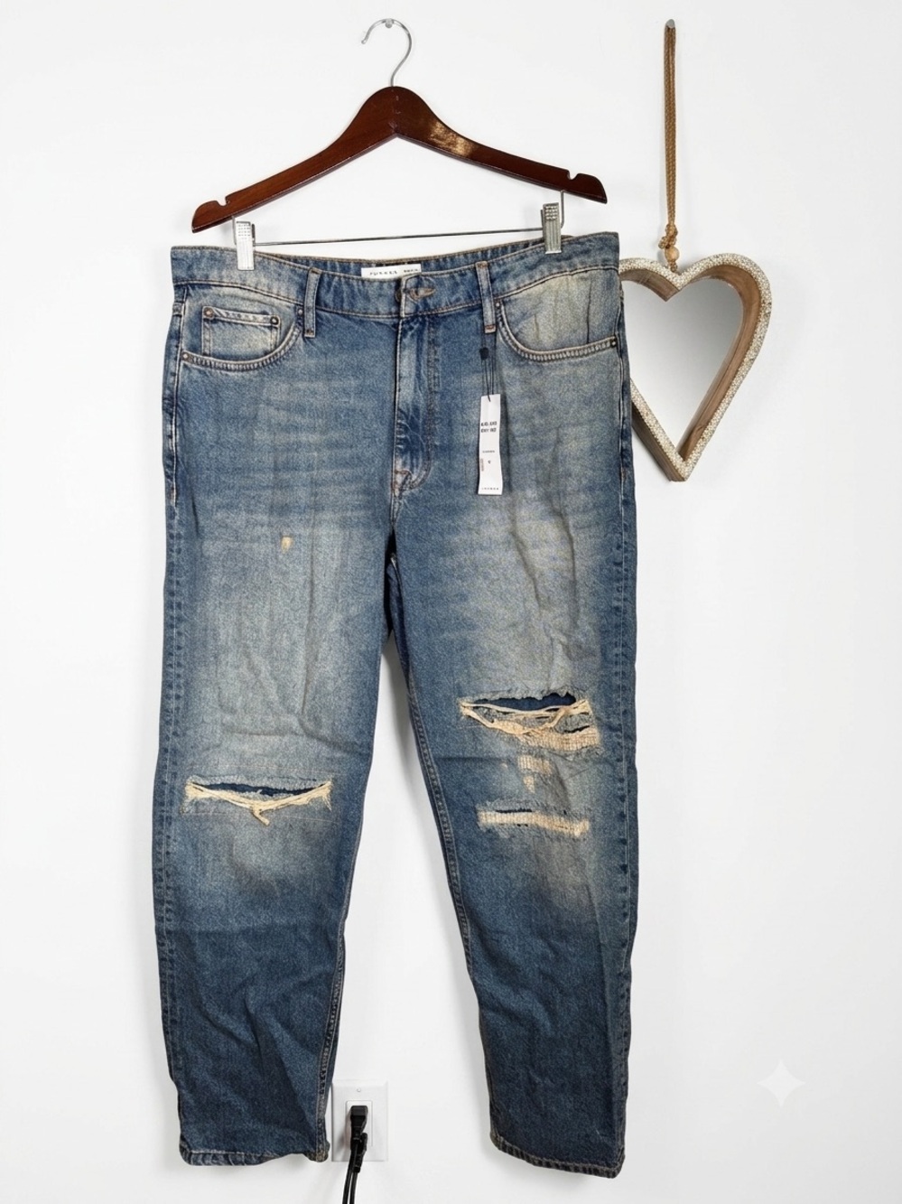 Topman Men's Distressed Relaxed Fit Jeans Blue Medium Wash 36x34 100% Cotton